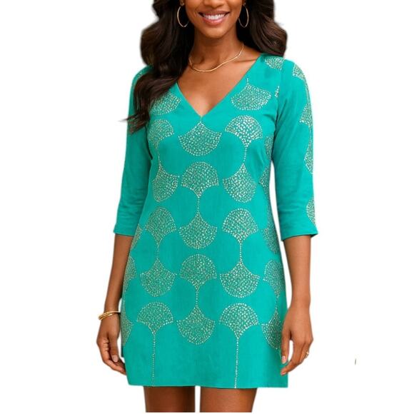 Trina Turk 181006 Womens Glitterati Studded Silk Shift Dress Teal Size 2 - Picture 1 of 11